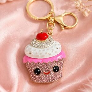 Cute Pink Cupcake Keychain for Kids - Sparkling Gold Hardware